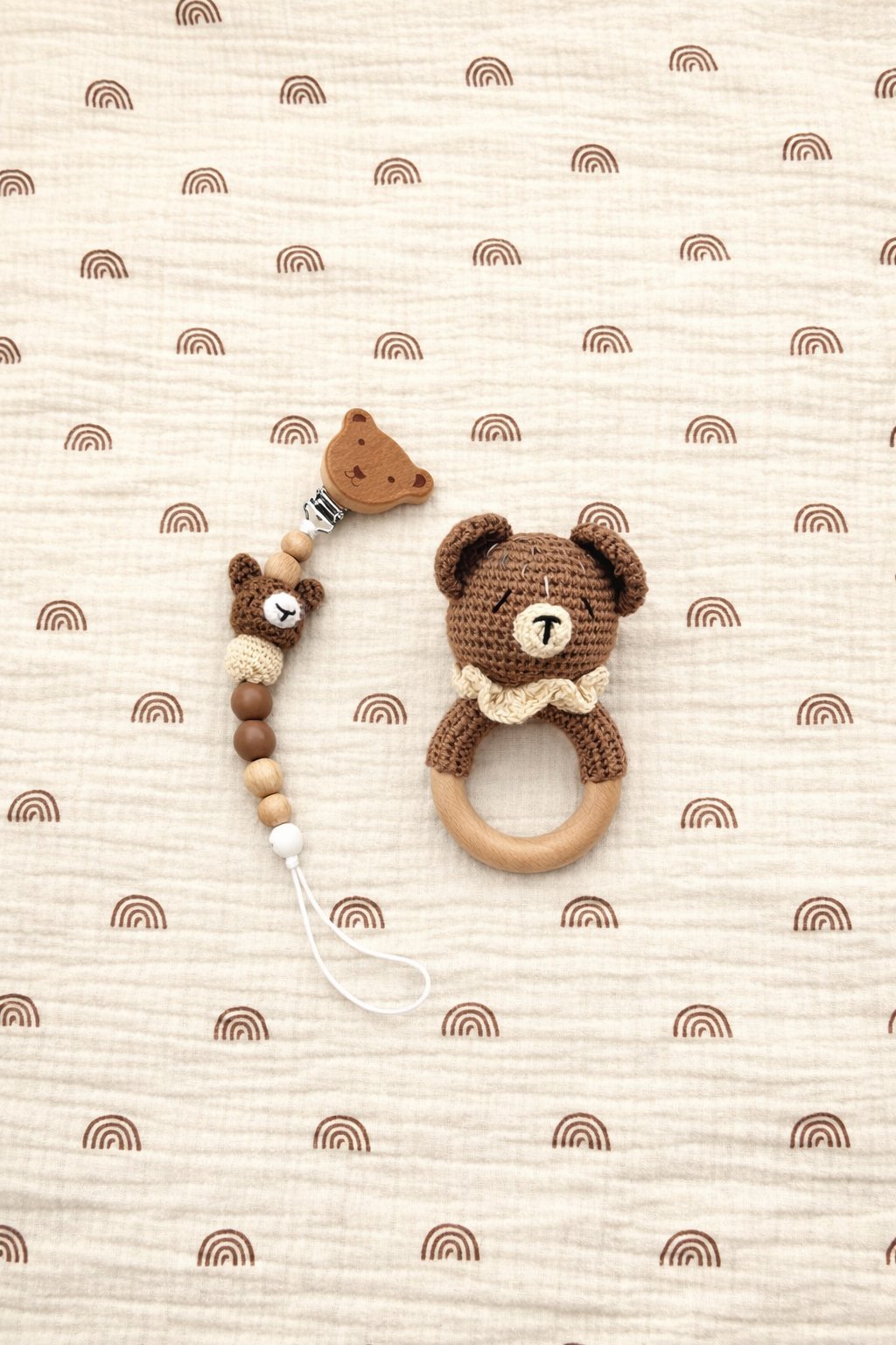 Handmade Baby Toy Set – Crochet Rattle & Pacifier Holder