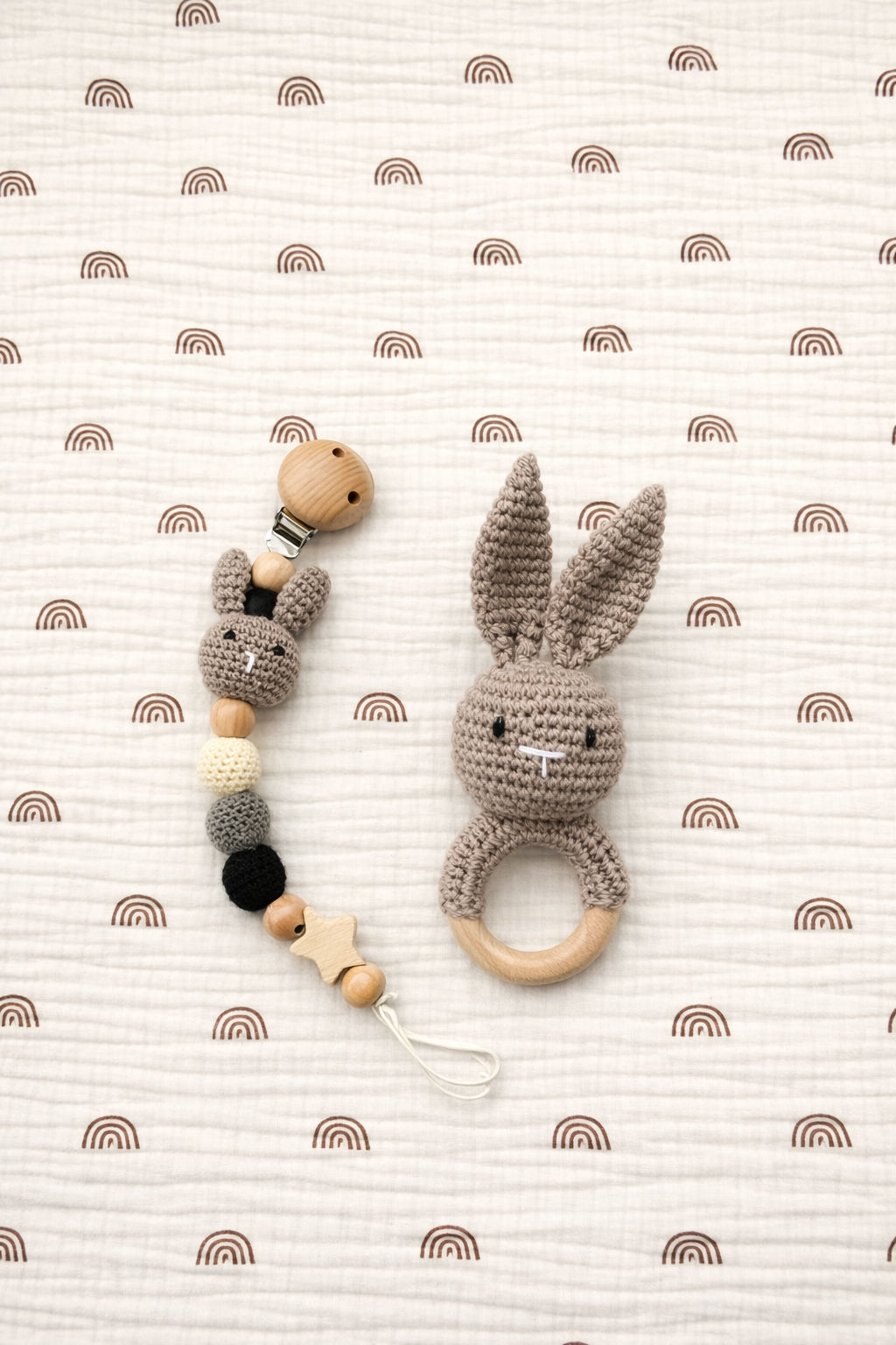 Handmade Baby Toy Set – Crochet Rattle & Pacifier Holder