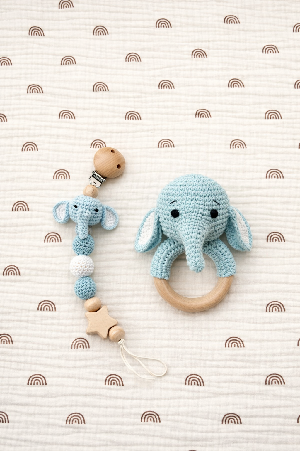 Handmade Baby Toy Set – Crochet Rattle & Pacifier Holder