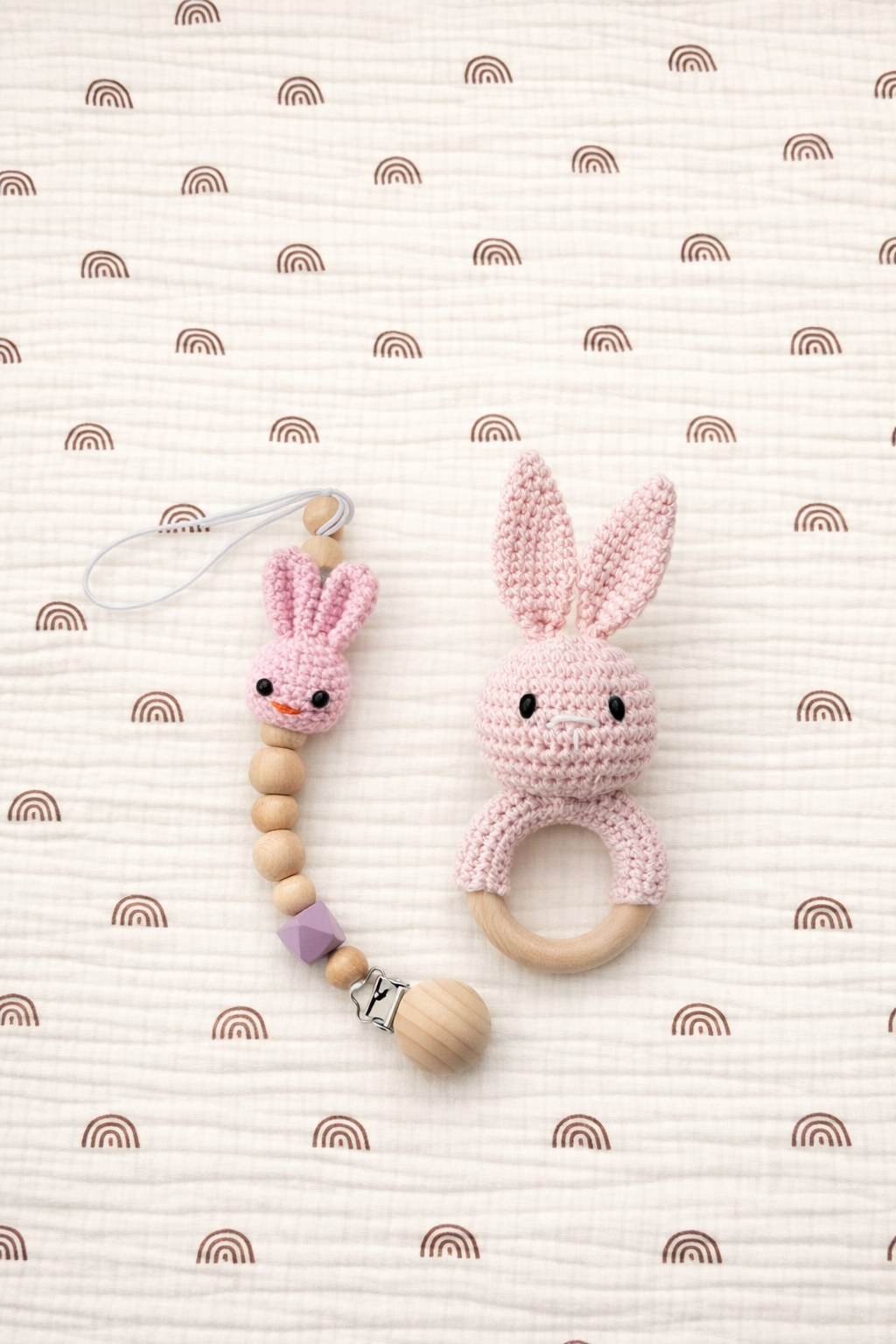Handmade Baby Toy Set – Crochet Rattle & Pacifier Holder
