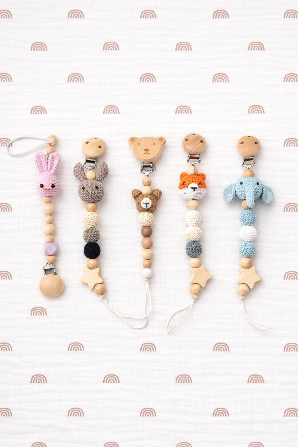 Handmade Wooden Pacifier Clip with Crochet Animal