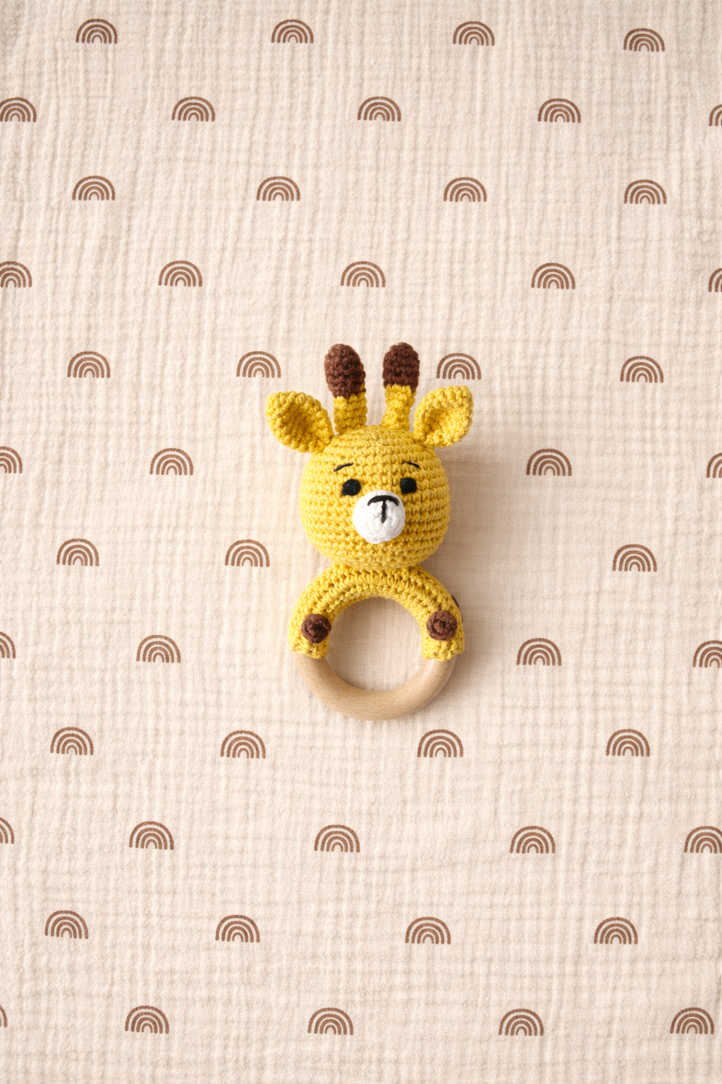 Crochet Baby Rattle with Wooden Ring | Handmade Newborn Toy