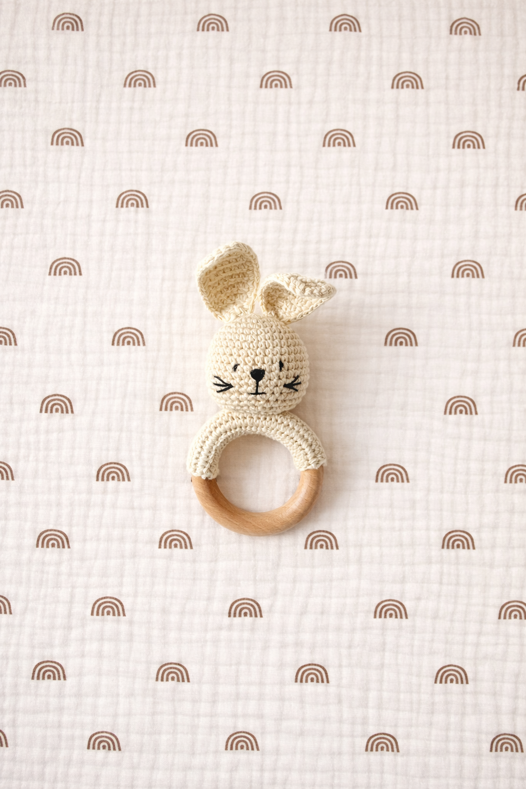 Crochet Baby Rattle with Wooden Ring | Handmade Newborn Toy