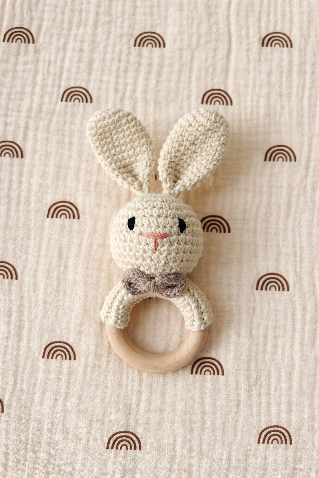 Crochet Baby Rattle with Wooden Ring | Handmade Newborn Toy